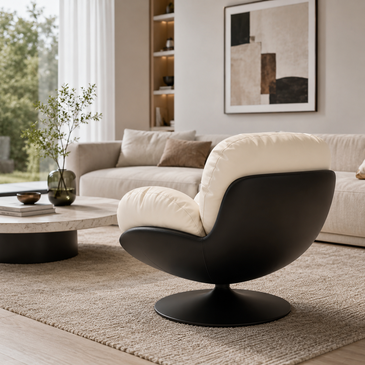 Modern Beige Swivel Accent Chair | Ergonomic Lounge Chair with Pillow Back Cushion, 360° Rotating Base & Premium PU Leather Upholstery