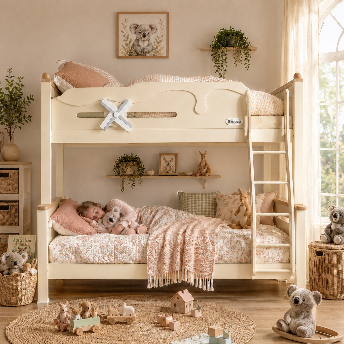 Kooka Living Lumi Kids Windmill Solid Wood Bunk Bed | Cream White Children’s Double Bunk Bed with Storage Drawers, Optional Stair Cabinet & Free Mattresses