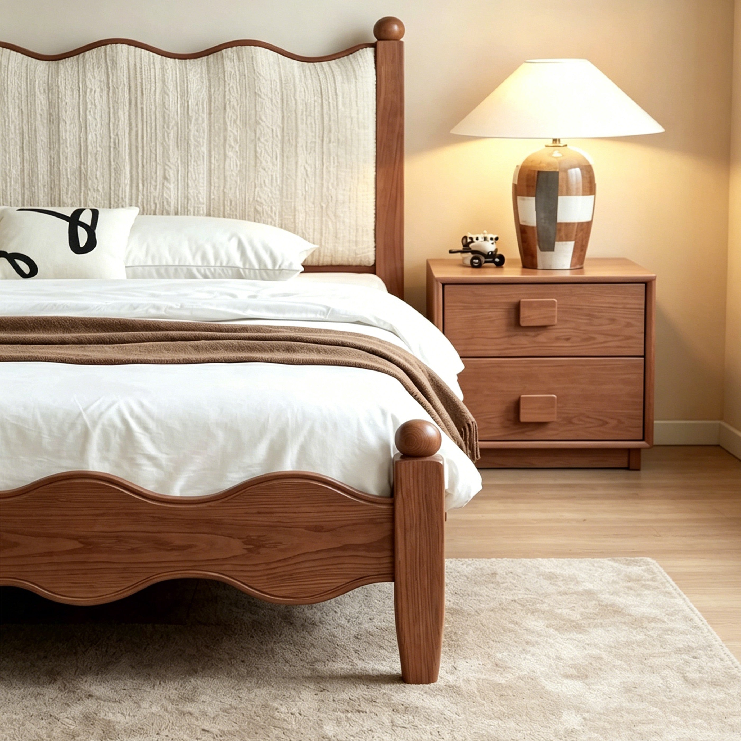 Solid Wood Upholstered Bed Frame – French Country Style Platform Bed with Fabric Headboard