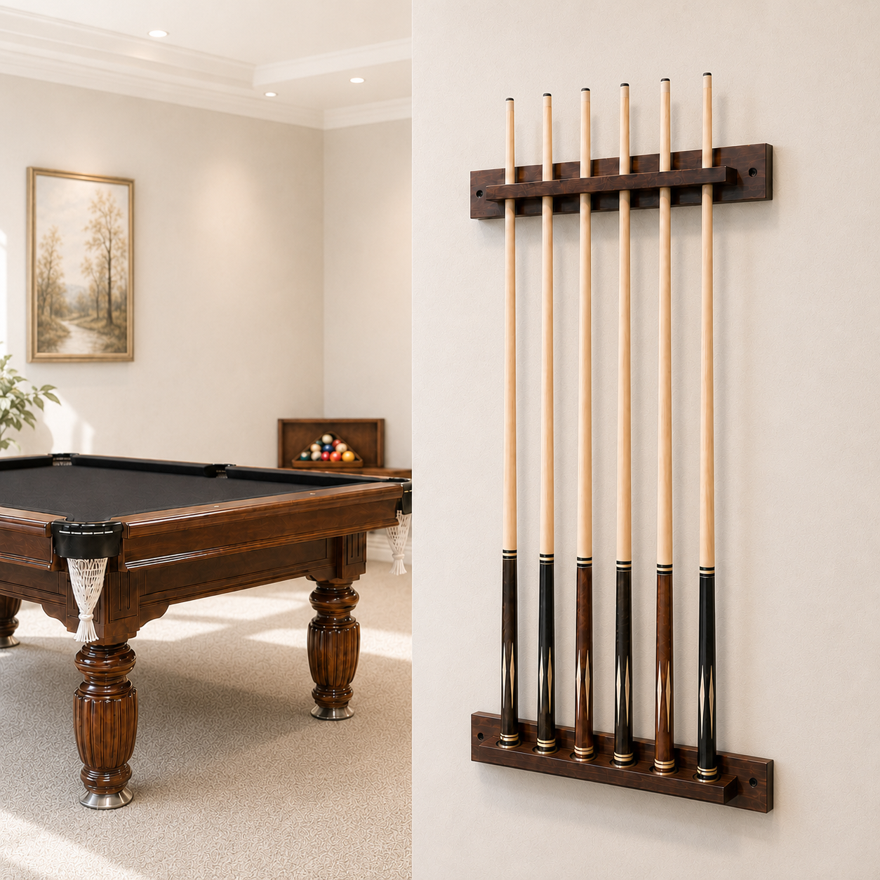 Solid Wood Wall-Mounted Billiard Cue Rack for 6 Cues Black/Walnut