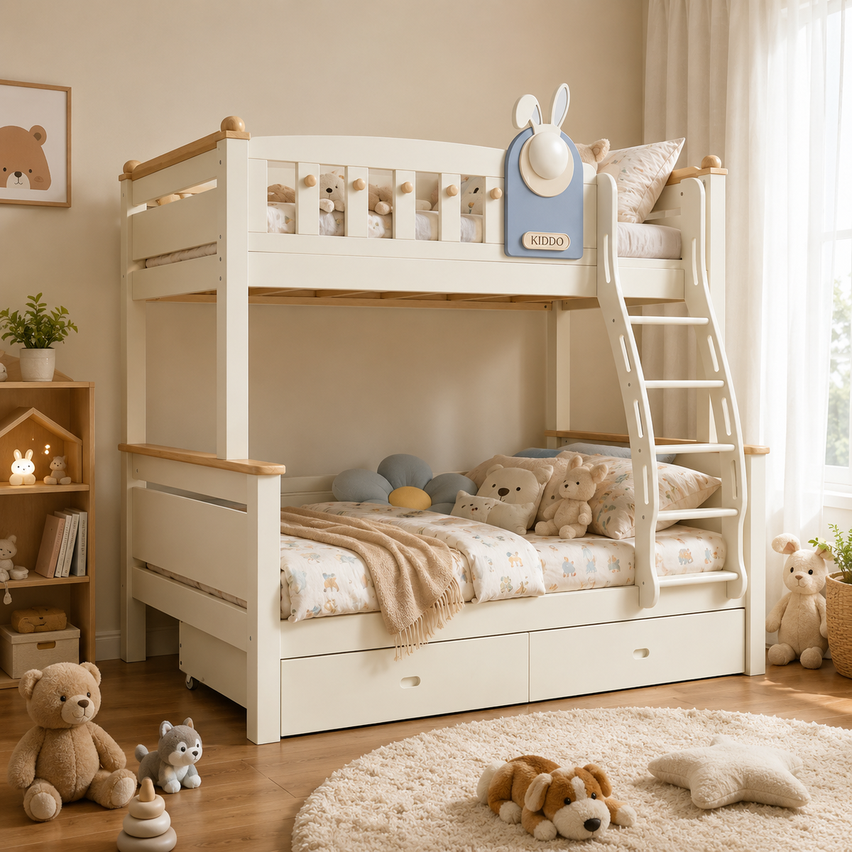 Kooka Living Lumi Kids Bunny Dream Rabbit Bunk Bed | Solid Wood Kids Bed with Storage Drawers, Optional Stair Cabinet & Complimentary Mattress