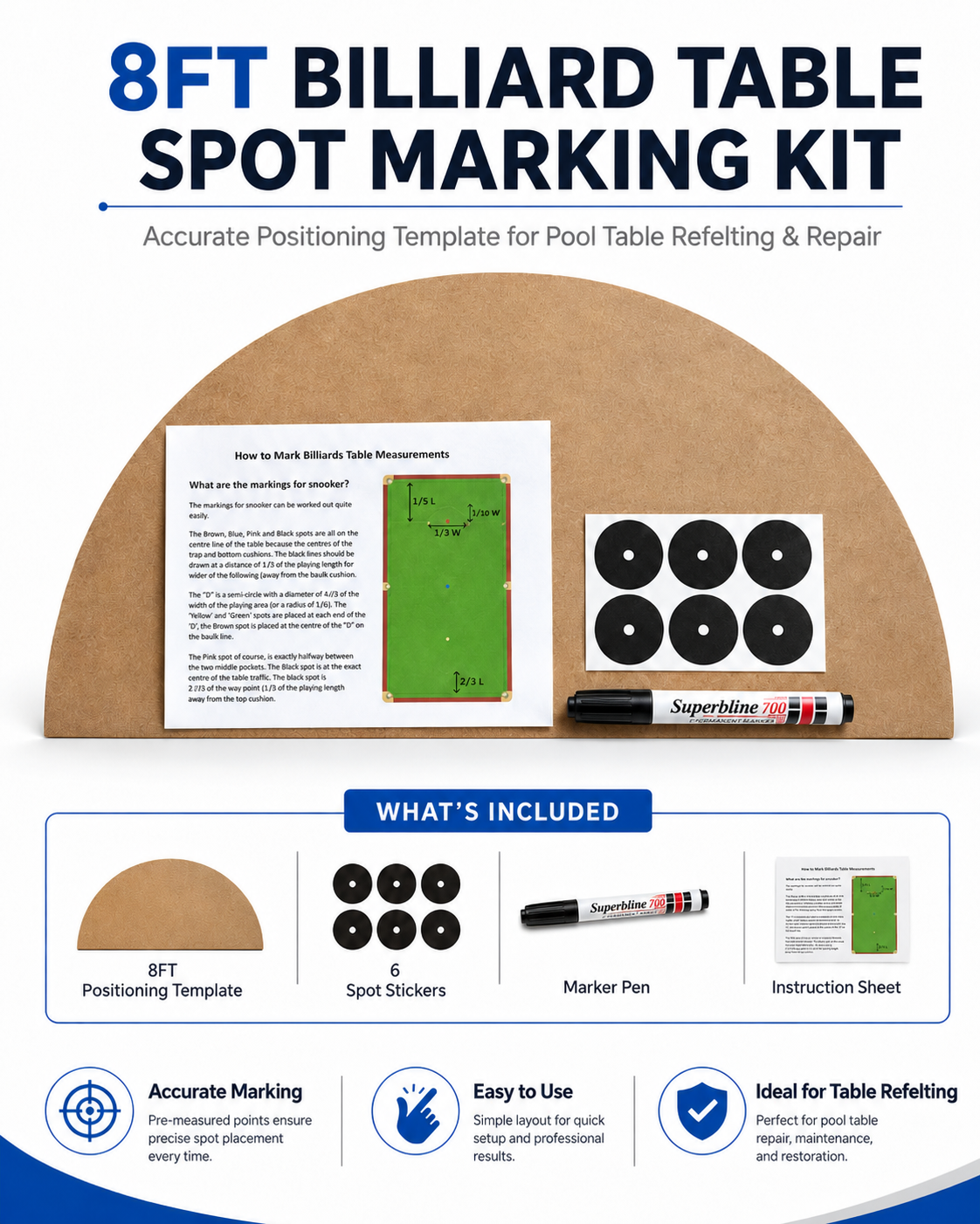 Pool Table Marking Kit for 7FT & 8FT Billiard and Snooker Tables