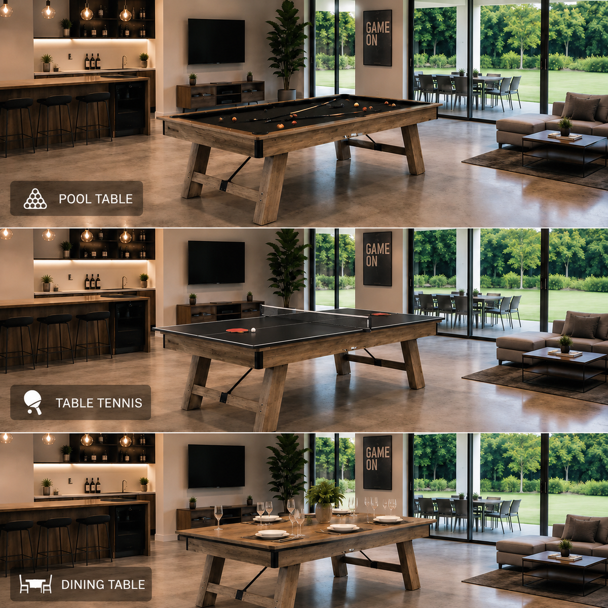 Kooka Living FORMA PLUS-V5 7FT/8FT 3-IN-1 Multi-Functional Table/Pool Table/Table Tennis Table/Dining Table – Black Felt