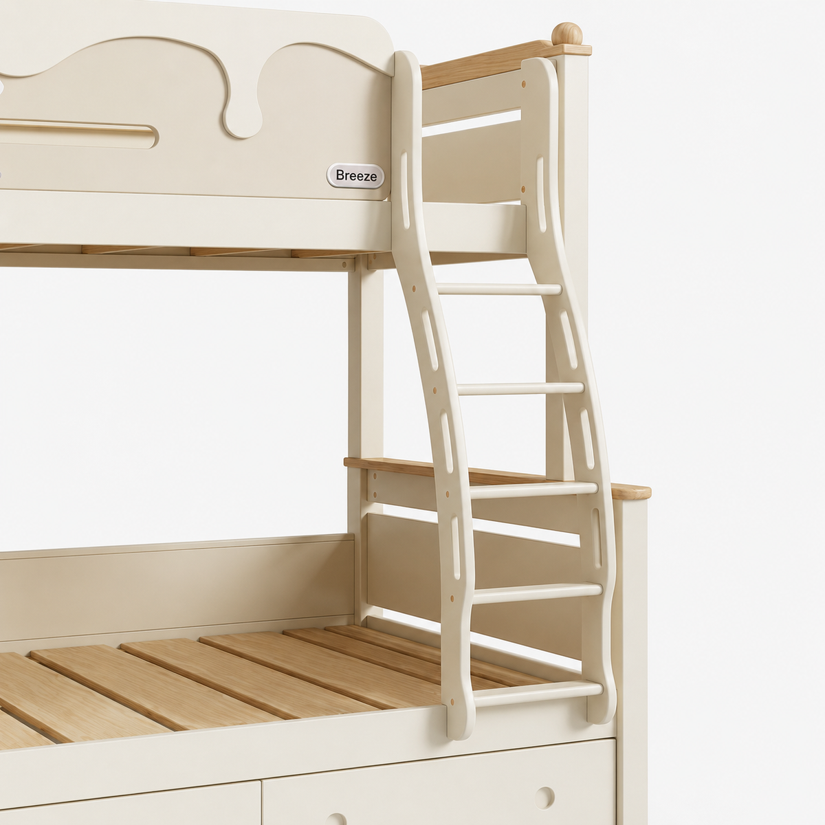 Kooka Living Lumi Kids Windmill Solid Wood Bunk Bed | Cream White Children’s Double Bunk Bed with Storage Drawers, Optional Stair Cabinet & Free Mattresses