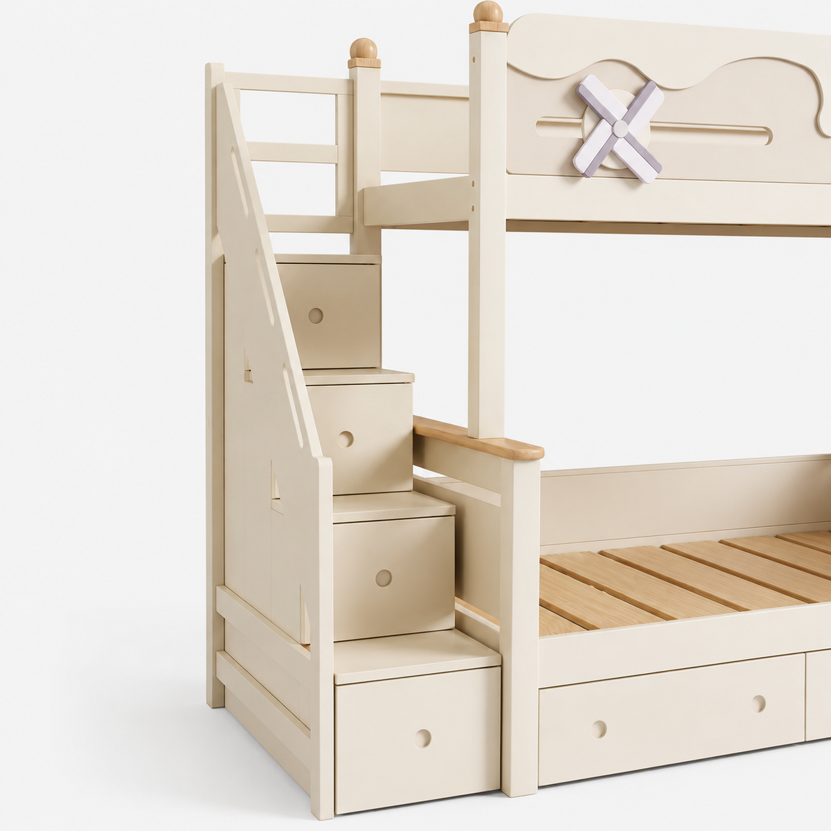 Kooka Living Lumi Kids Windmill Solid Wood Bunk Bed | Cream White Children’s Double Bunk Bed with Storage Drawers, Optional Stair Cabinet & Free Mattresses