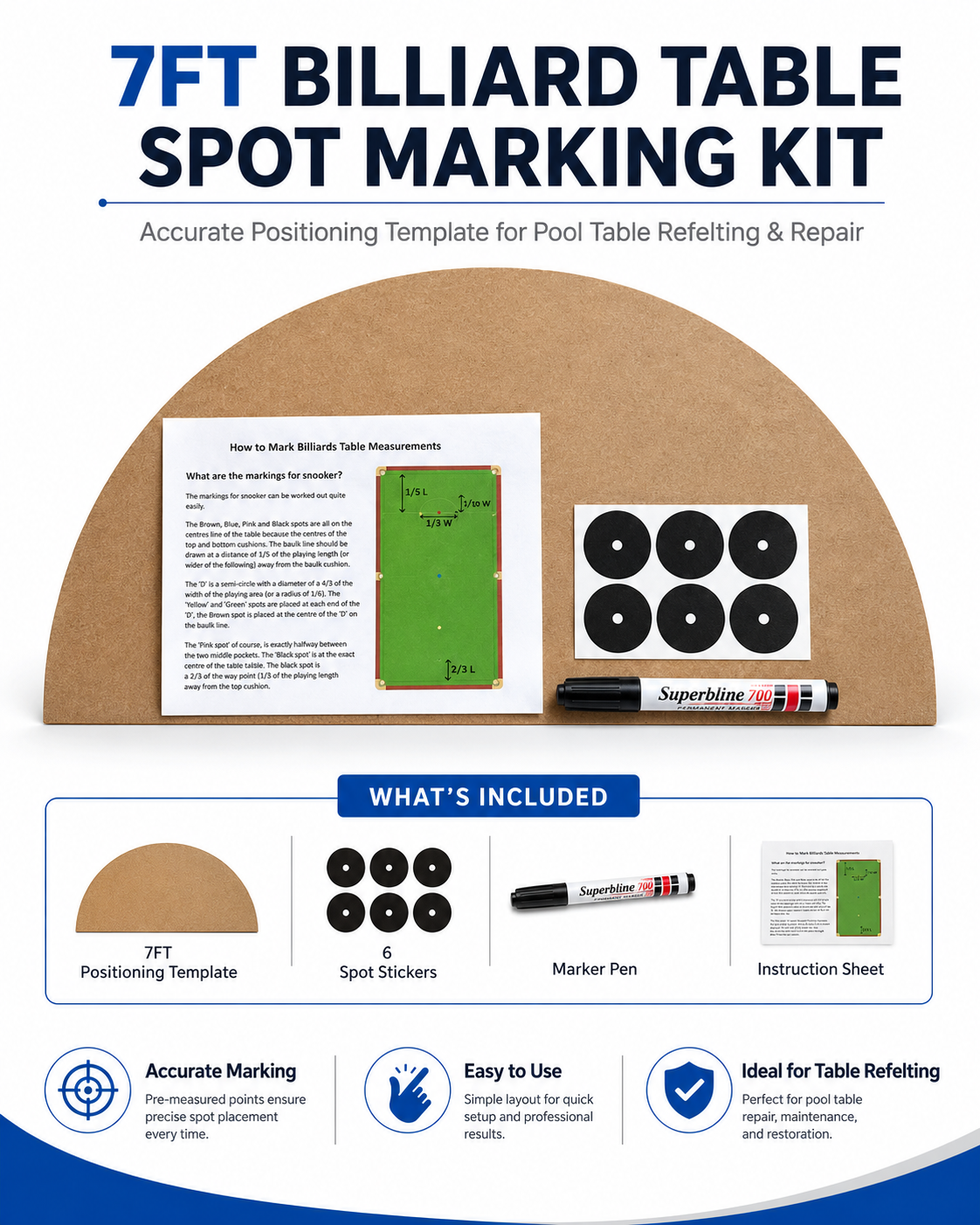 Pool Table Marking Kit for 7FT & 8FT Billiard and Snooker Tables