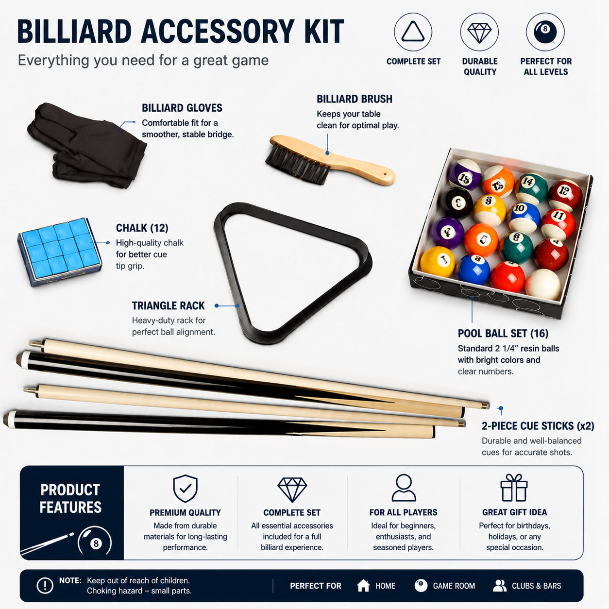 American-Style Billiard Accessories Set with Cue Sticks, Balls, Triangle Rack, Gloves, Brush & Chalk